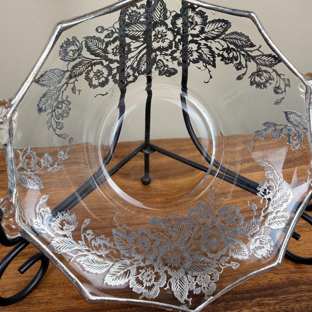 Silver City Glass Sterling Silver Overlay Floral Bowl Octagonal Handled Vintage